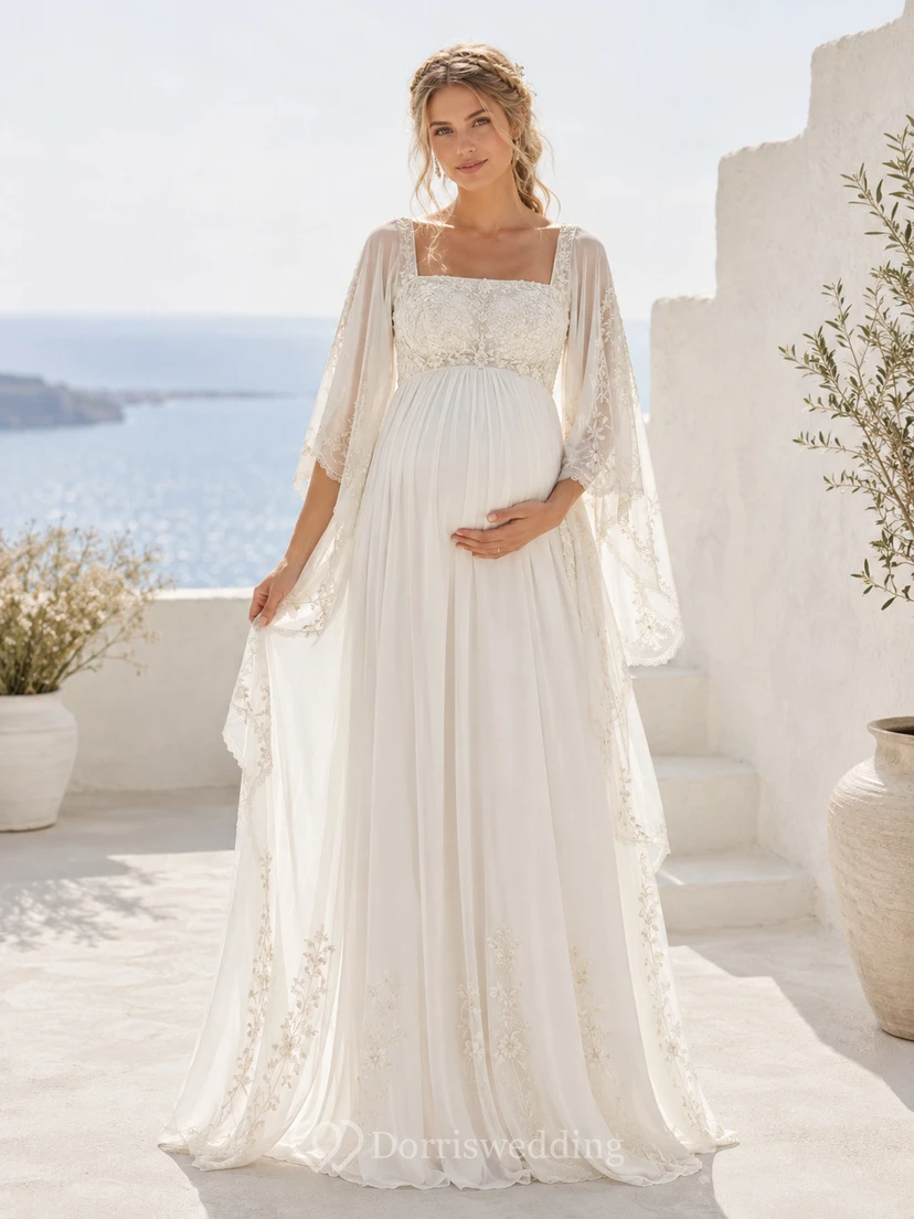 Maternity Wedding Dress Square Neck Bell Sleeve Lace Destination Bridal Gown with Soft Skirt