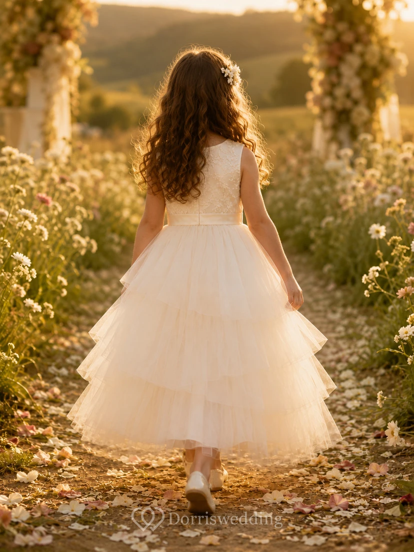 Flower Girl Dress Ivory Lace Tulle A-Line Scoop Neck Tea Length view 2