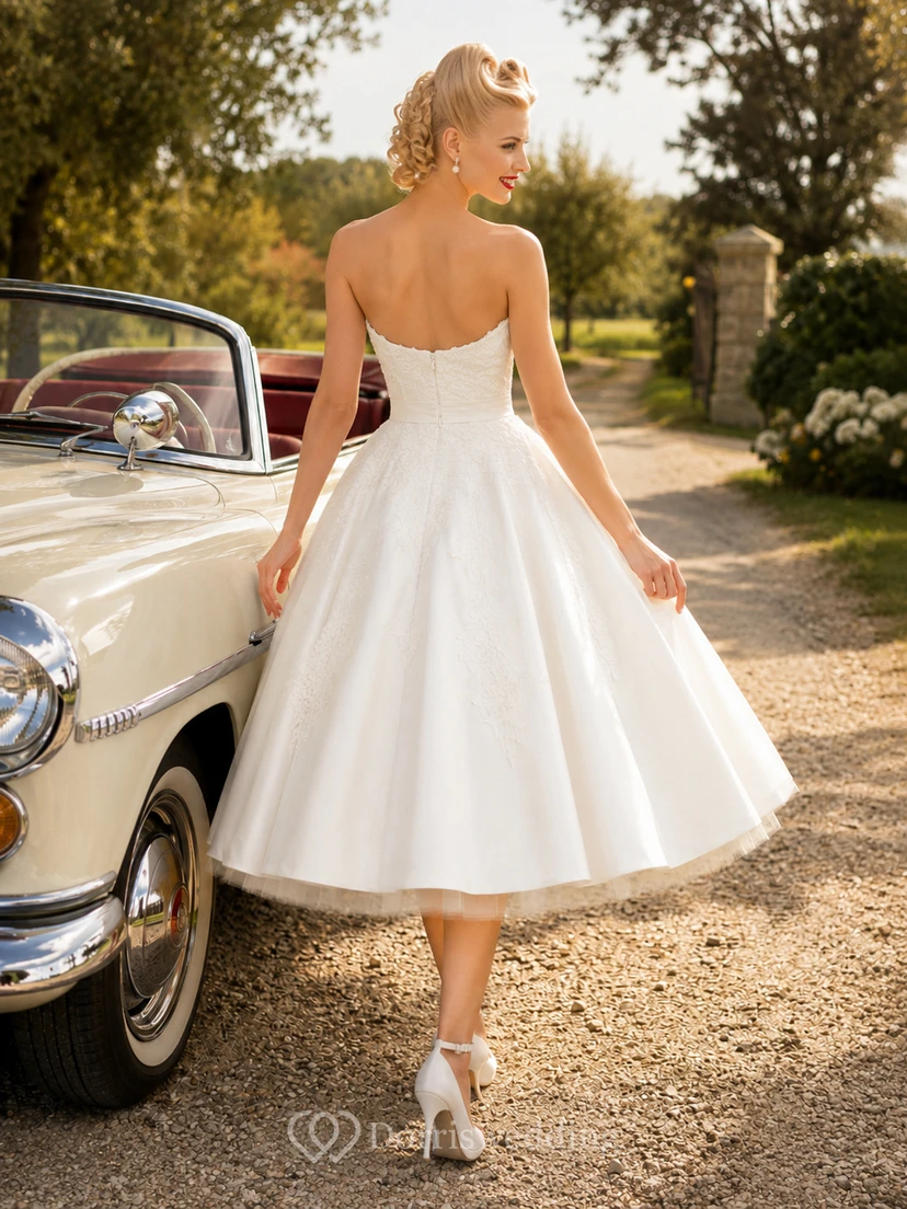 Retro Sweetheart Strapless Satin Tea-Length A-Line Wedding Dress view 2