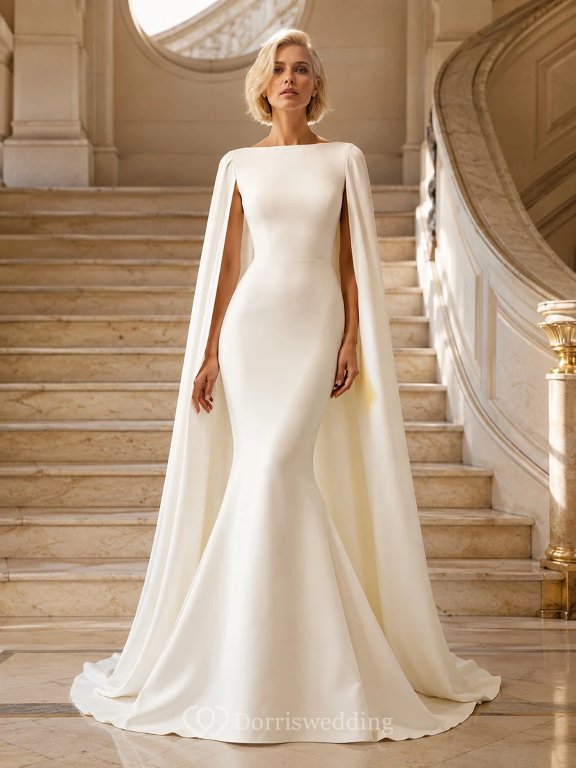 Robe de mariée fourreau moderne en satin satiné à manches bateau et traîne courte