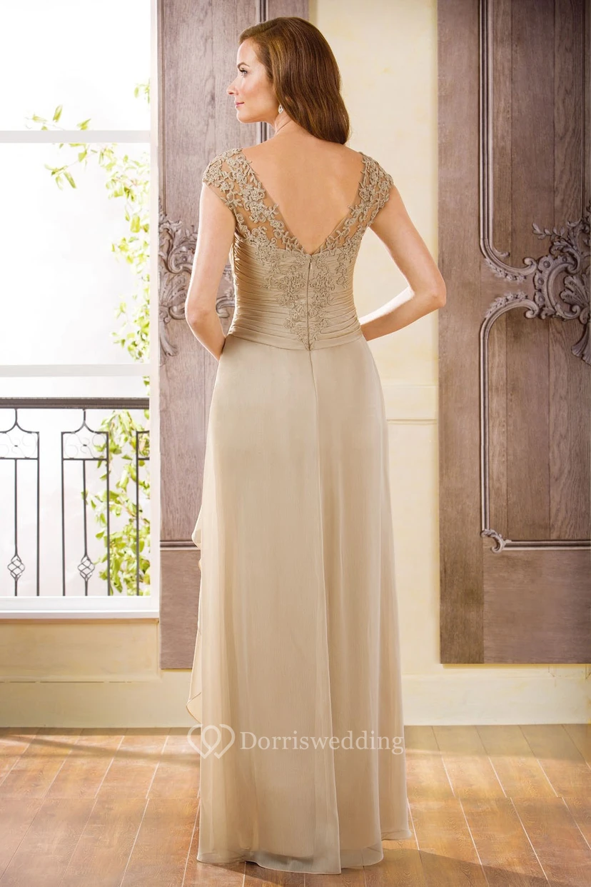 Cap-Sleeved V-Neck Long Gown With Side Slit And Ruffles view 2
