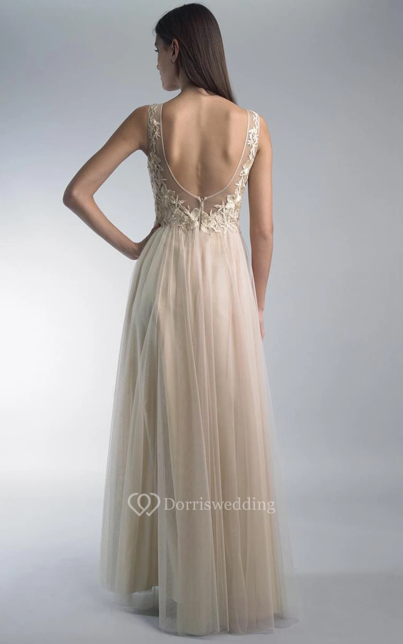 A-line Floor-length Jewel Sleeveless Tulle Low-V Back Dress view 4