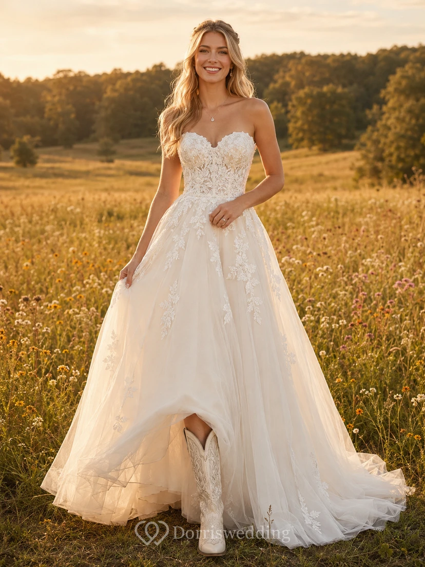 Rustic Country Boho Romantic A-Line Lace Tulle Wedding Dress with Sweetheart Strapless Sleeveless Floor-Length Train Split Skirt Appliques Lace-Up Corset Back Open Back