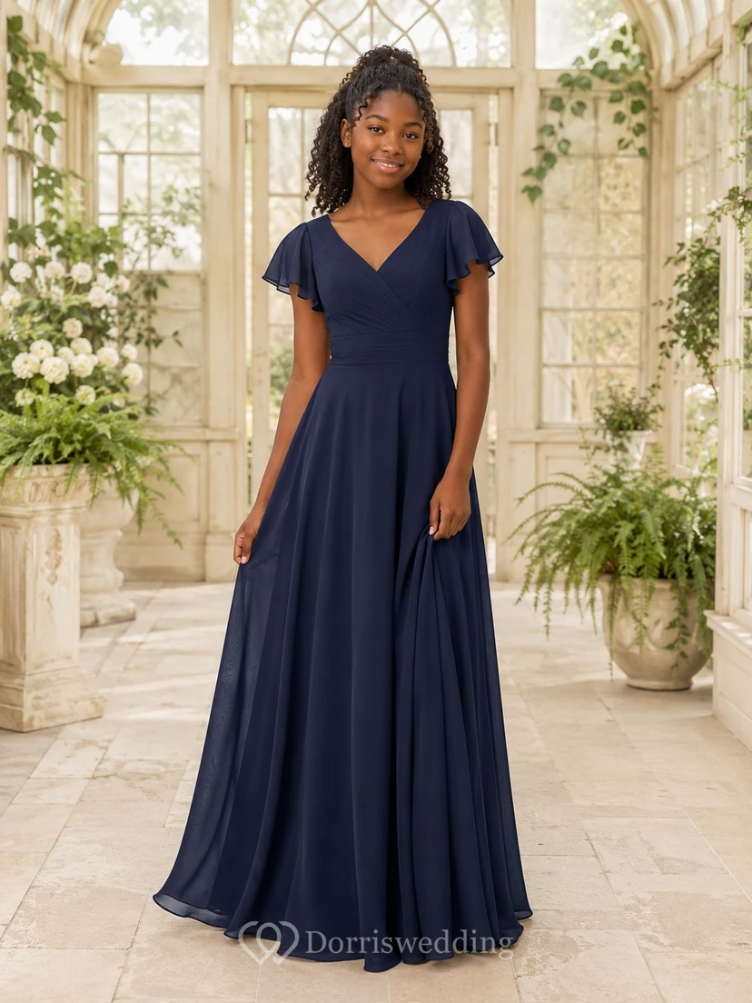 Dark Navy Junior Bridesmaid Dress A-Line V-neck Short Sleeve Petal Romantic