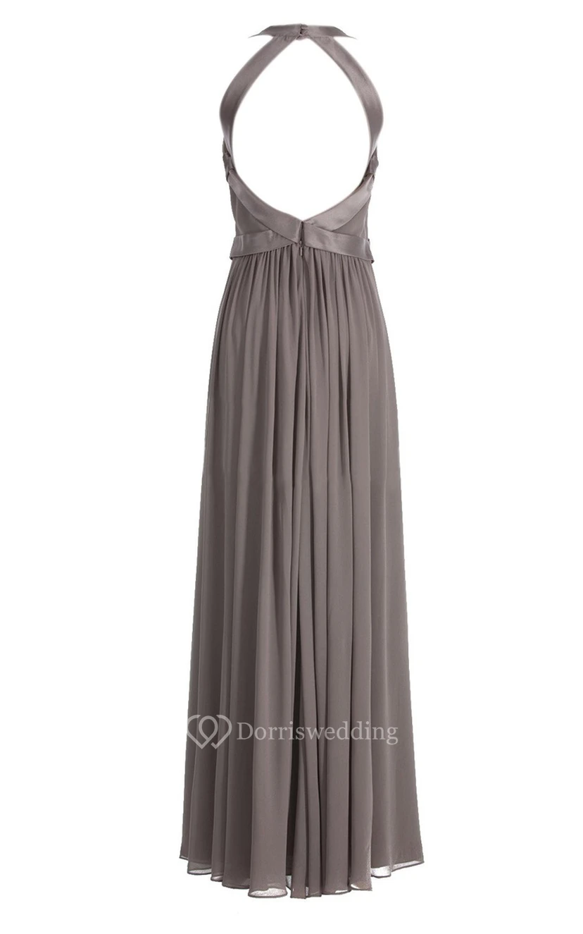 Halter Pleated Chiffon A-line Gown With Deep-v Back view 12