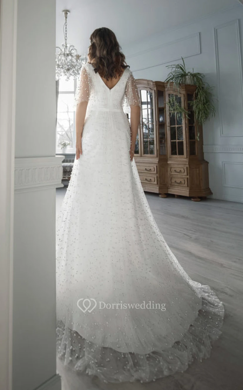 Chiffon-Brautkleid im Boho-Stil mit V-Ausschnitt, Schlitz vorne und Rüschen in großen Größen, verziert mit perlenbesetztem Tüllüberzug view 2