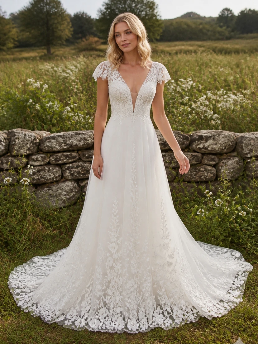 Vestido de novia romántico de manga corta, corte en A, escote en V, encaje Stonewall Vine y cola catedral.