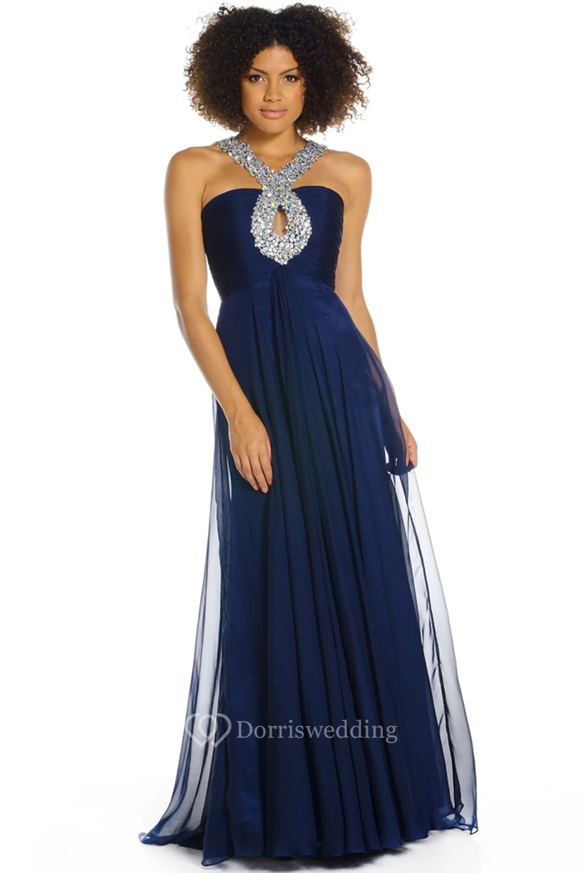 Ärmelloses, perlenbesetztes Chiffon-Abendkleid mit Raffungen und Trägern