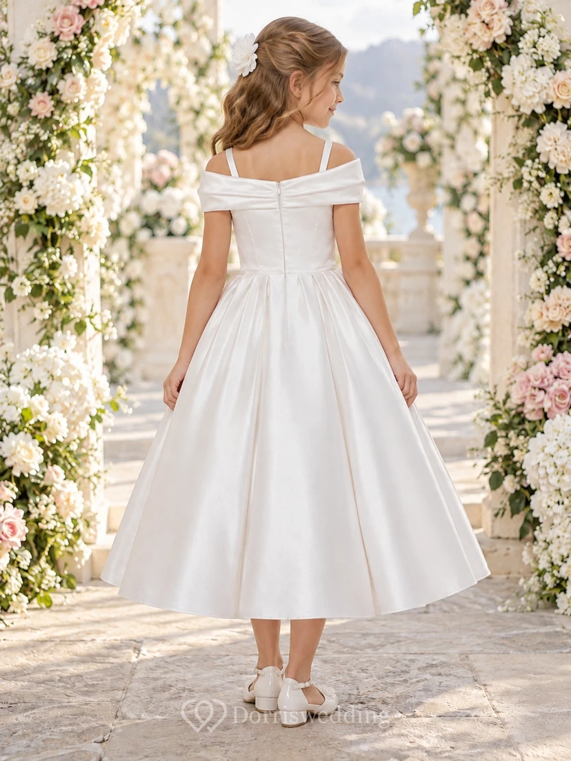 White Tea-length Off Shoulder Floral Straps Satin Flower Girl Dress view 2