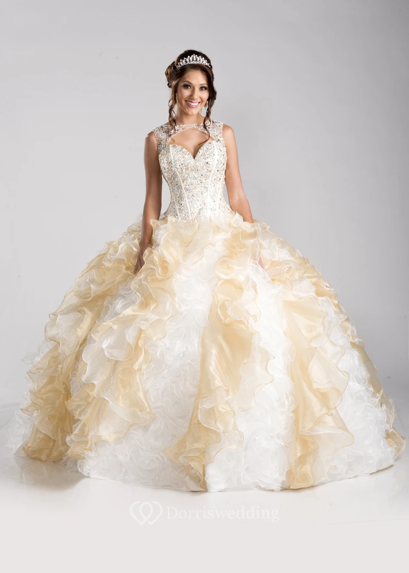 Sleeveless Keyhole Ball Gown With Cascading Ruffles And Lace-Up Back