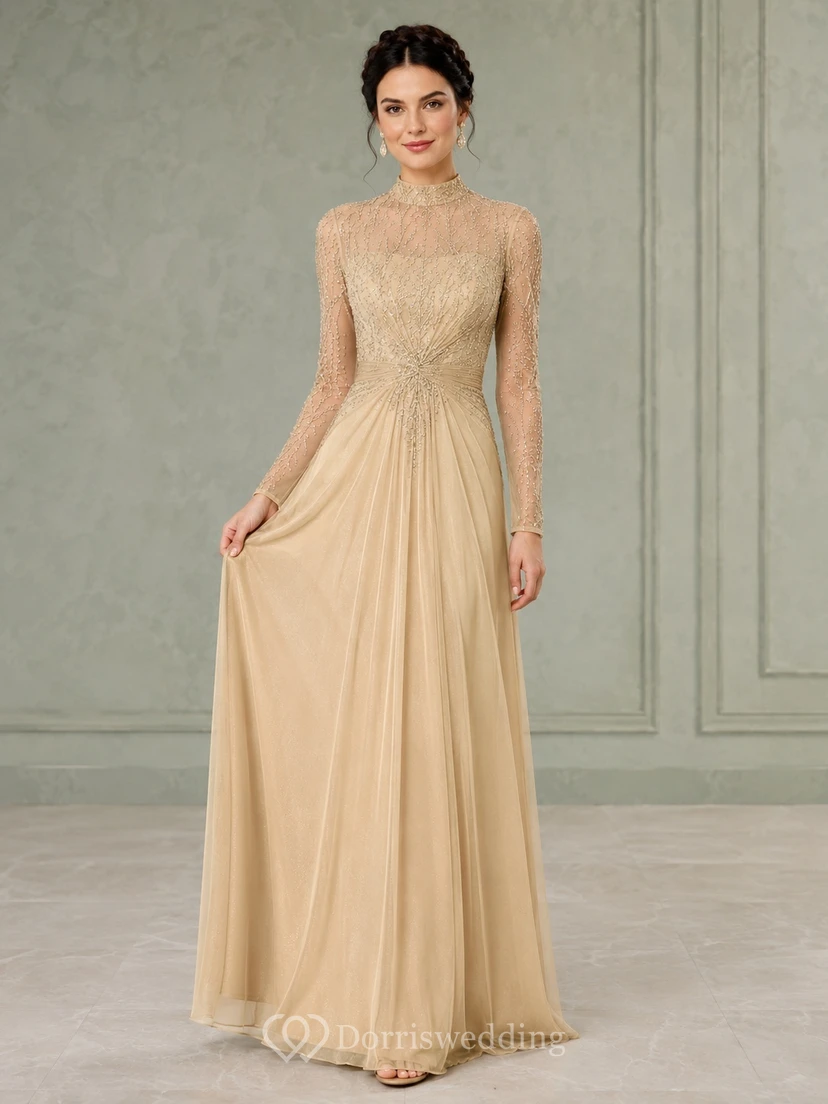 Modest Champagne High Neck Long Sleeve Beaded Tulle A-Line Floor-Length Gown