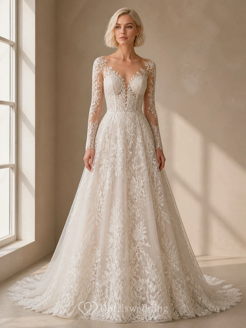 Vestido de novia de capilla de manga larga con encaje floral para novias mayores y modestas