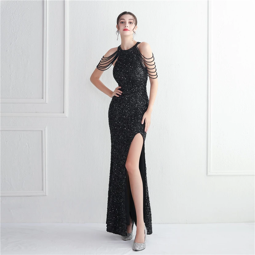 Heavy-Duty Glass Bead Craft Beaded Banquet Evening Dress Temperament Elegant Long Halter Neck Slit Sequins view 62