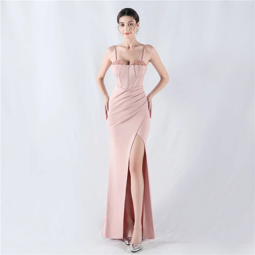 Fishbone Waist Set Crystal Diamond Satin Host Evening Dress view 28