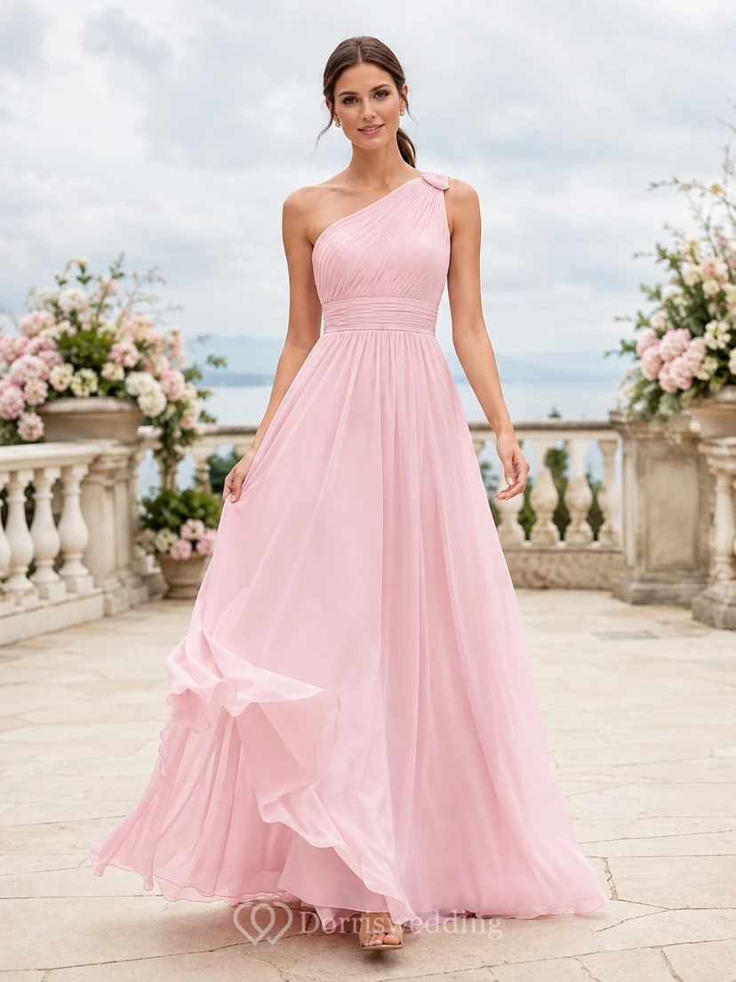 Zartrosa Brautjungfernkleid aus Chiffon mit Blumenmuster, einseitig schulterfrei und in A-Linie, bodenlang