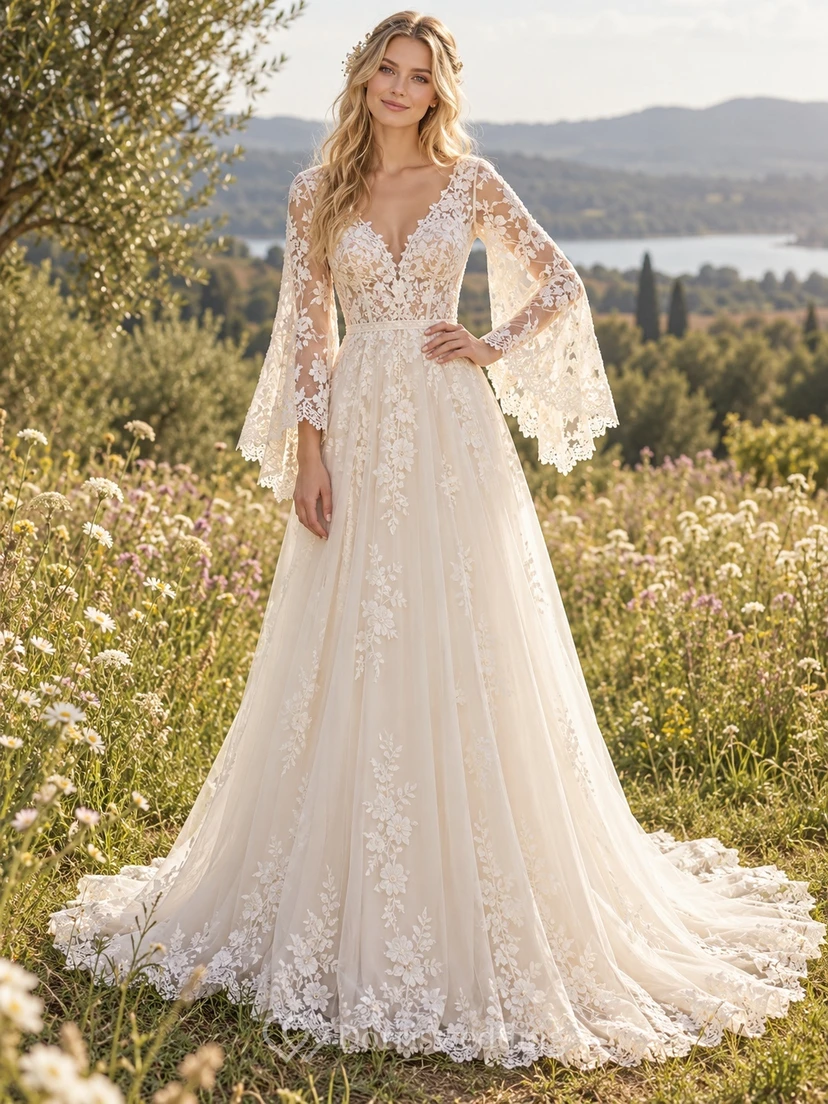 Boho Bell Sleeve V-neck Floral Lace A-Line Wedding Dress