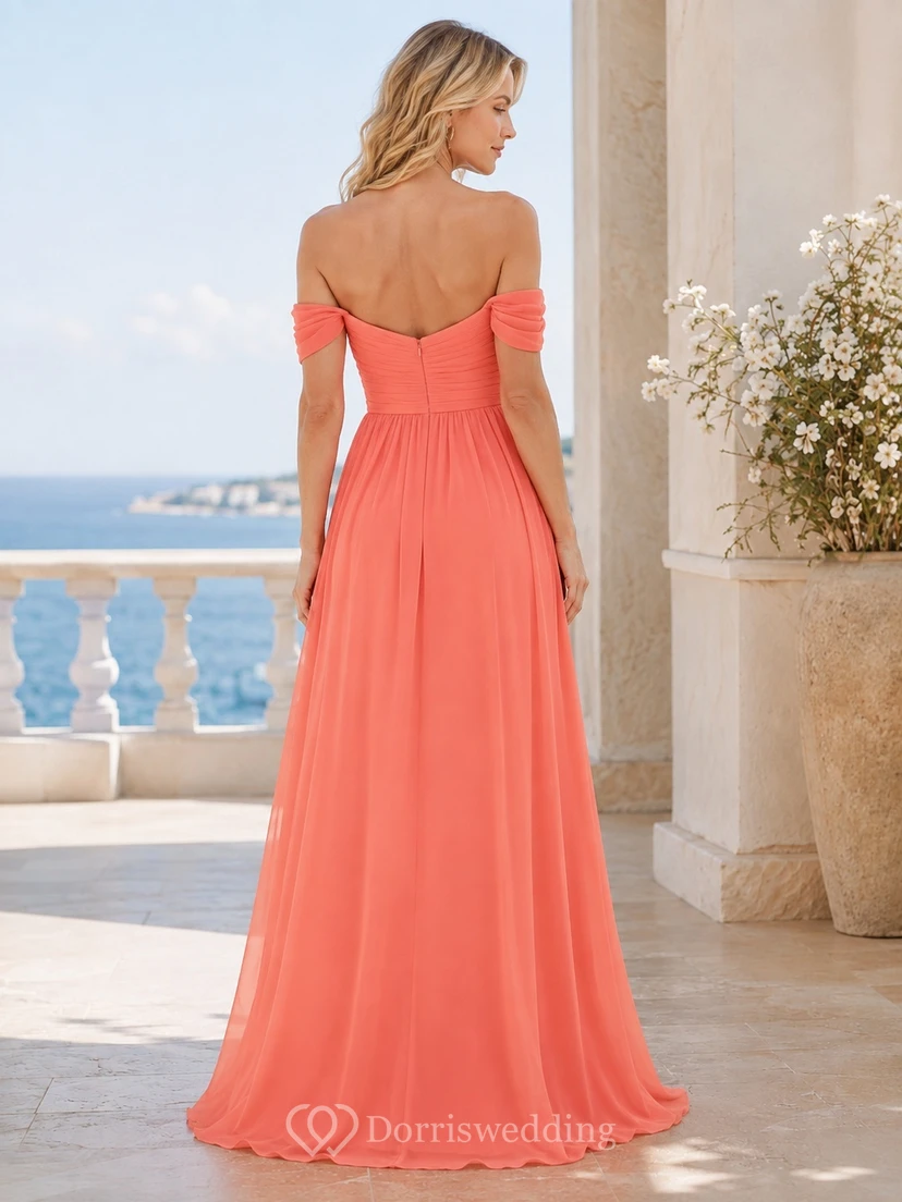 Korallenfarbenes, schulterfreies, kurzärmeliges Chiffon-Strandkleid in A-Linie mit Schlitz, bodenlang view 2
