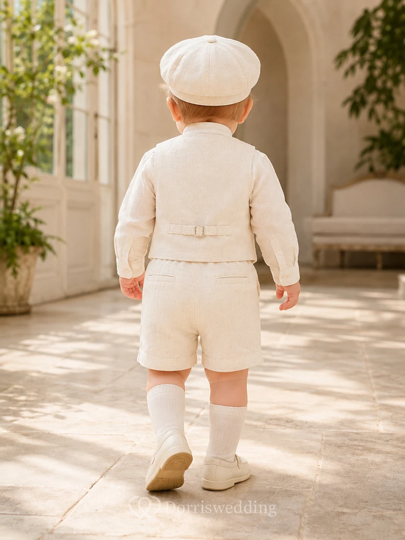Traje de bautizo corto de manga larga con chaleco texturizado color marfil para bebé niño view 2