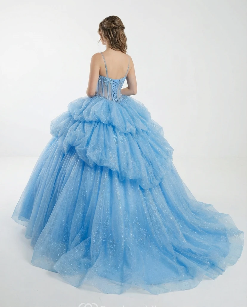 Sky Blue Quinceanera Spaghetti Strap Ball Gown Prom Dress with Ruffle Tulle Skirt view 2