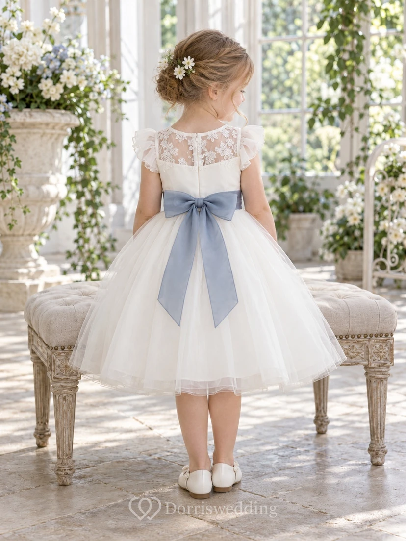 Elfenbeinfarbenes A-Linien-Kleid aus Spitze und Tüll, knielang, mit flatternden Ärmeln und blauer Schärpe, ideal für Blumenmädchen view 2
