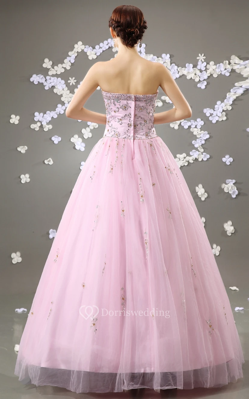 Zartrosa, trägerloses A-Linien-Ballkleid mit Perlenstickerei und Tüllüberzug view 2