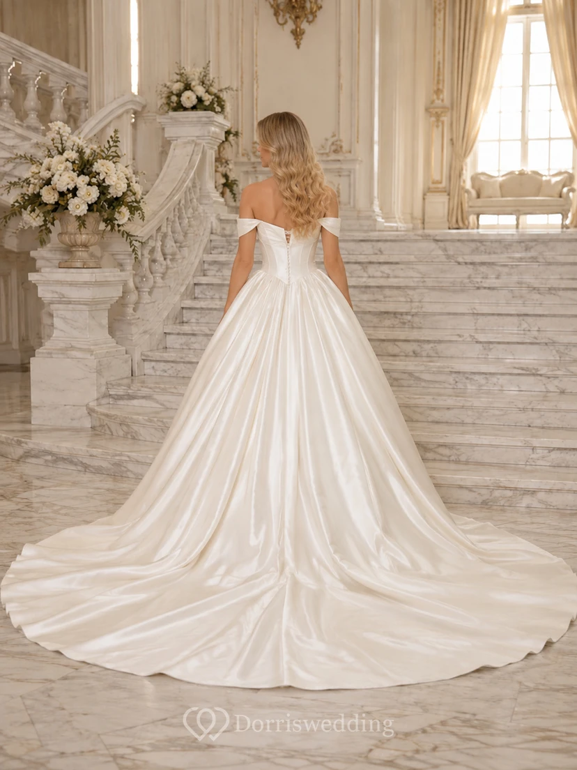 Brautkleid aus Satin, A-Linie, schulterfrei, kurze Ärmel, Kapellenschleppe view 2