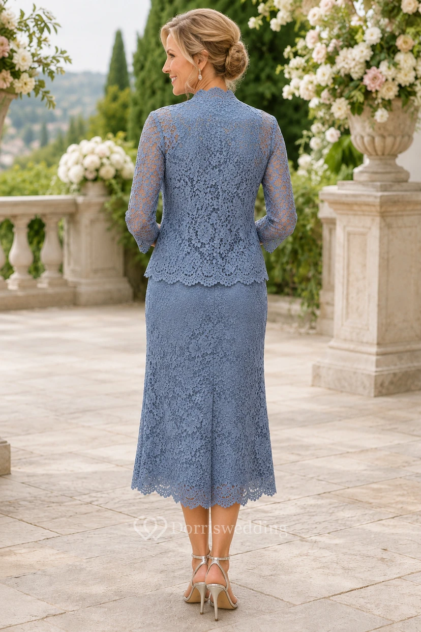 Robe mère veste en dentelle bleu poudré mi-longue view 2