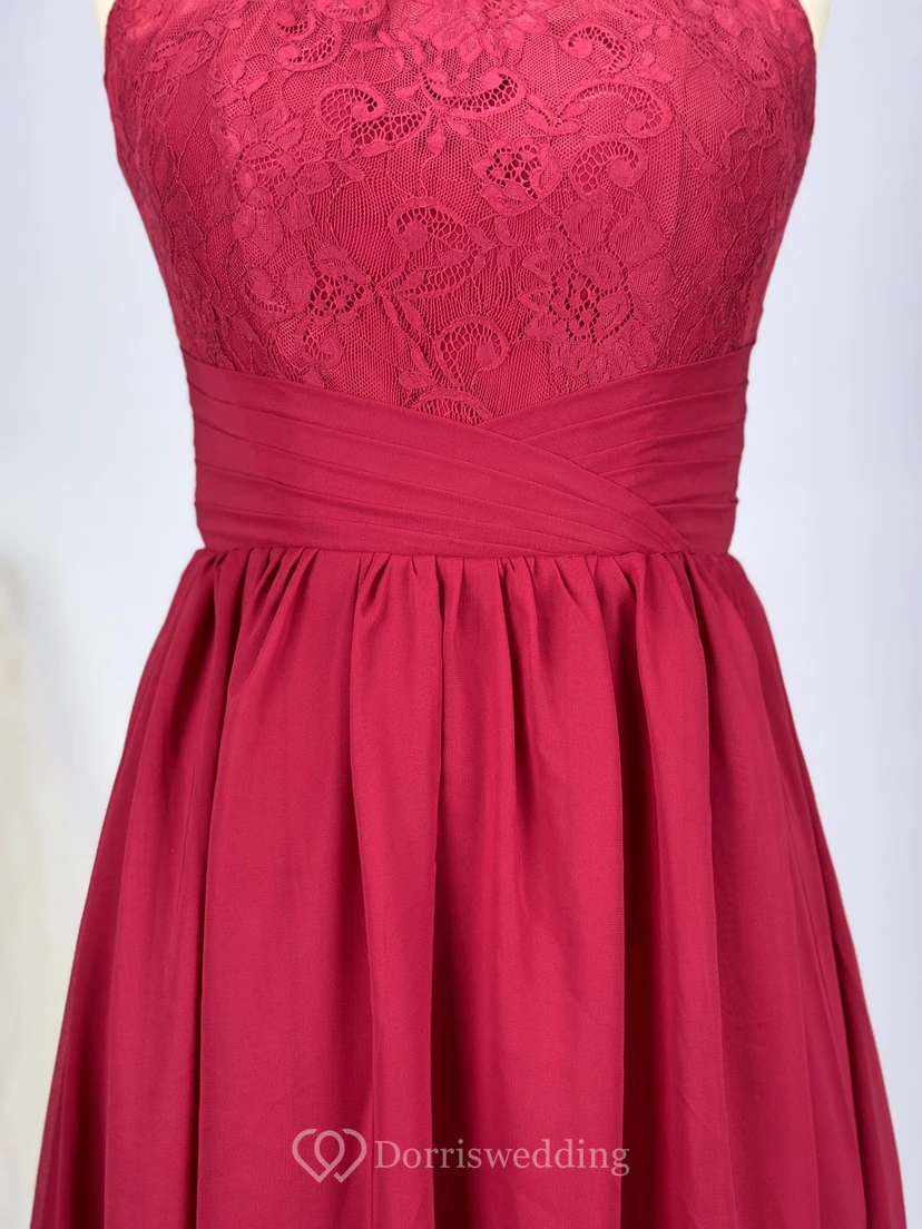 Robe de demoiselle d'honneur rose poudré sans manches en mousseline avec détails en dentelle et dos nu en forme de goutte d'eau view 5