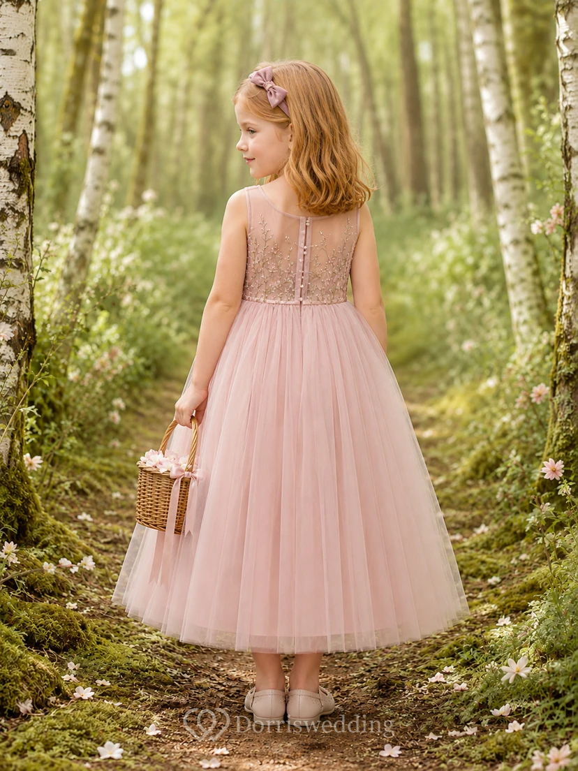 A-Line Flowergirl Pink Lace Tulle Tea-Length Cap Sleeve Forest Wedding Dress view 2