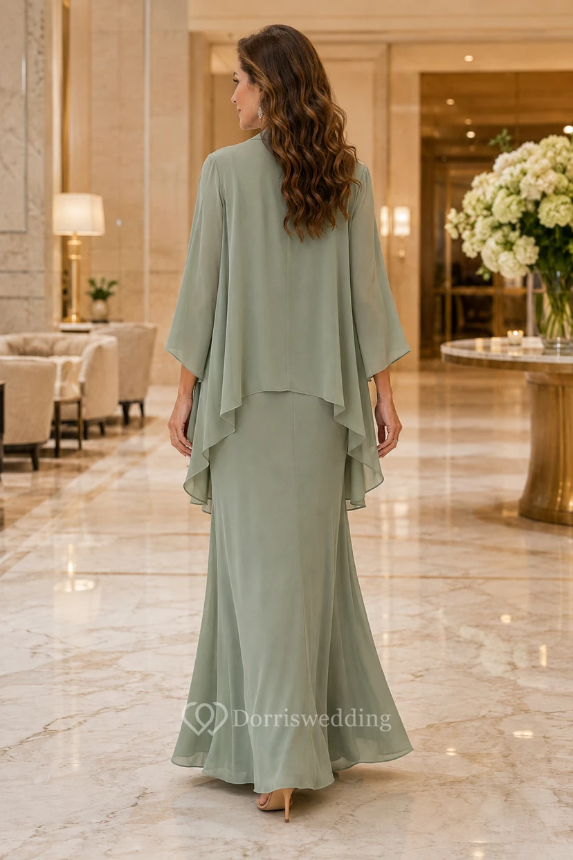 Sage Chiffon Mother Dress with V-Neck and Cape Overlay view 2
