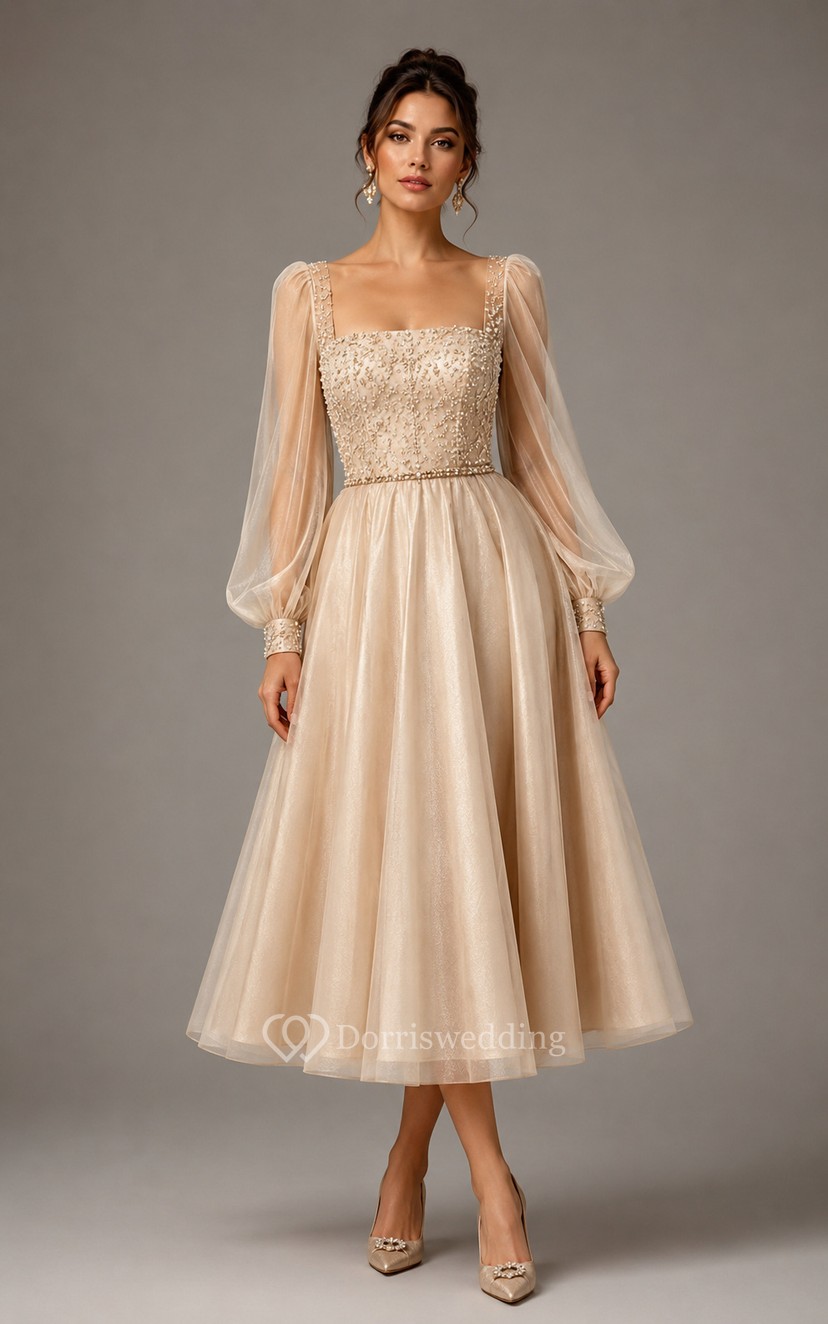 Champagne Square Neck Puff Sleeve Tulle Tea-length A-Line Dress