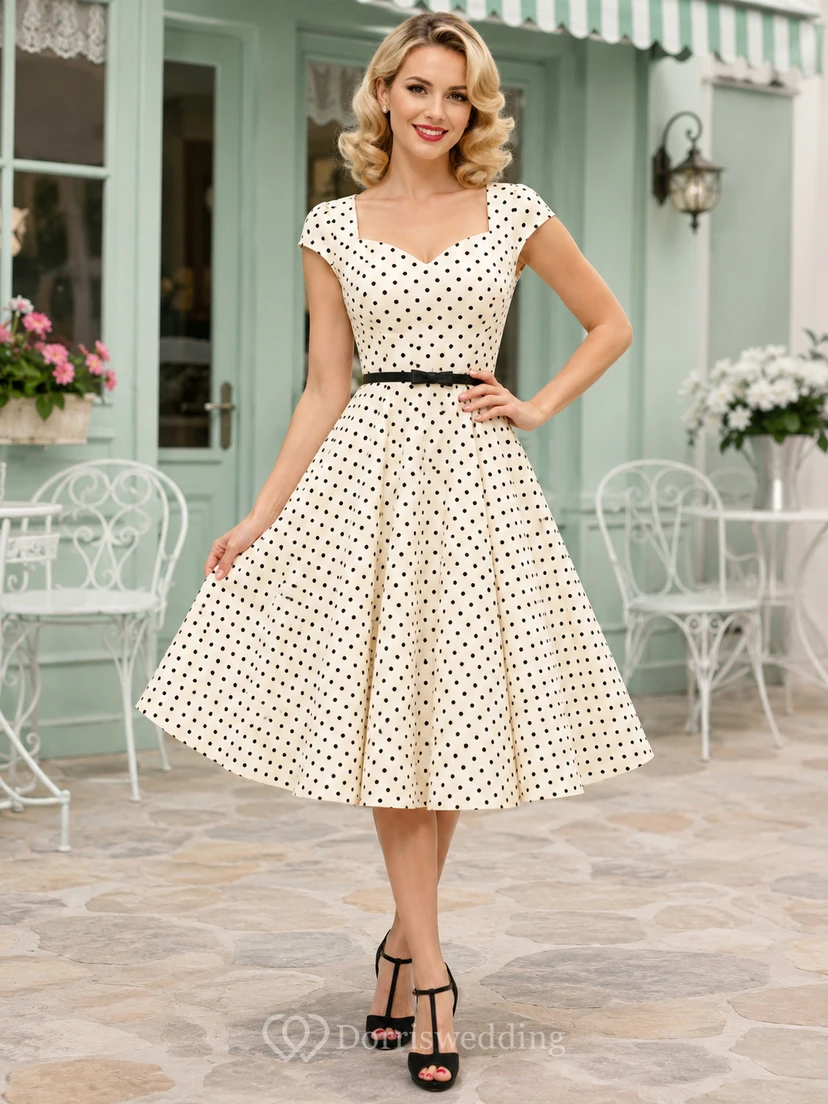 Polka-Dot Cream Sweetheart Cap-Sleeve Pleated Taffeta A-Line Tea-Length Vintage Cocktail Guest Dress
