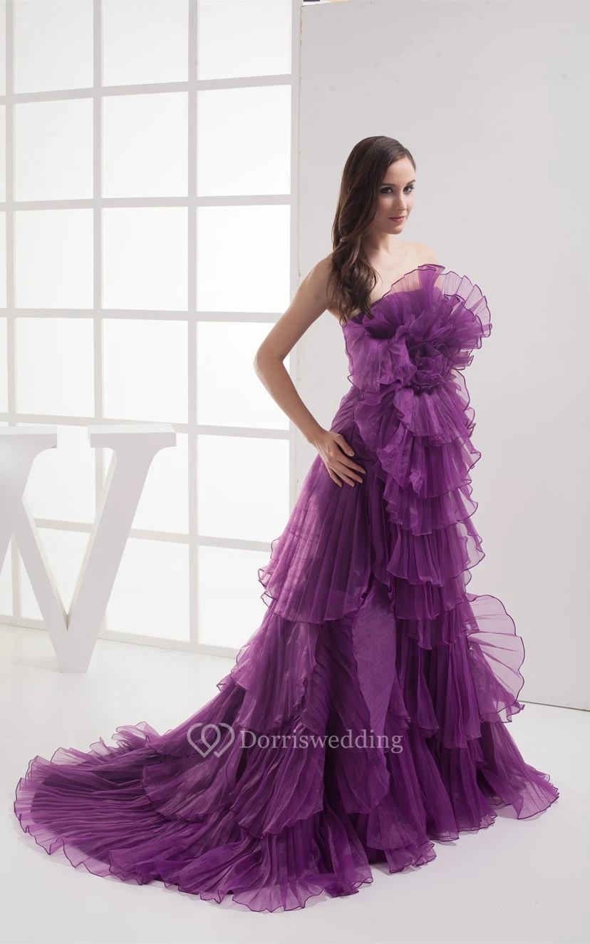 Floral A-Line Ruched Sweep Train and Gown With Tiers view 6