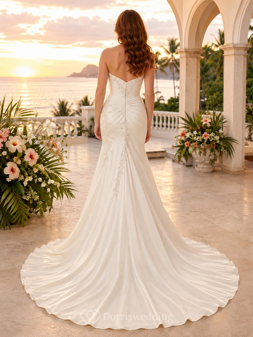 Trägerloses Meerjungfrauen-Brautkleid mit Herzausschnitt aus Spitze und Satin für Resort- und Destination-Hochzeiten view 2