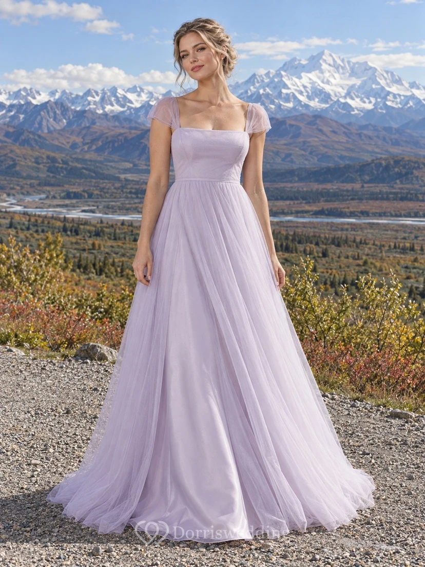 Simple Square Neck Short Sleeve Ruched Tulle A-Line Floor Length Wedding Dress