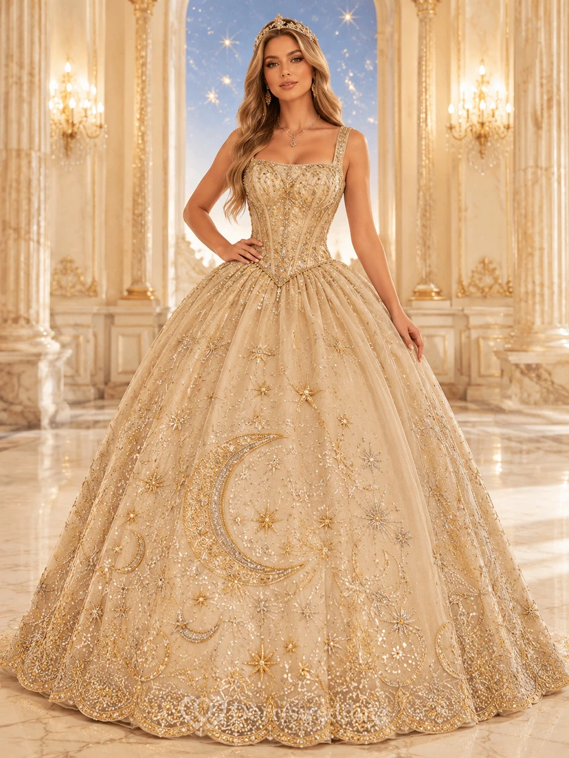 Robe de bal de princesse pour quinceañera, or champagne, bretelles célestes, col carré, lune et étoile, à bretelles célestes et décolleté carré