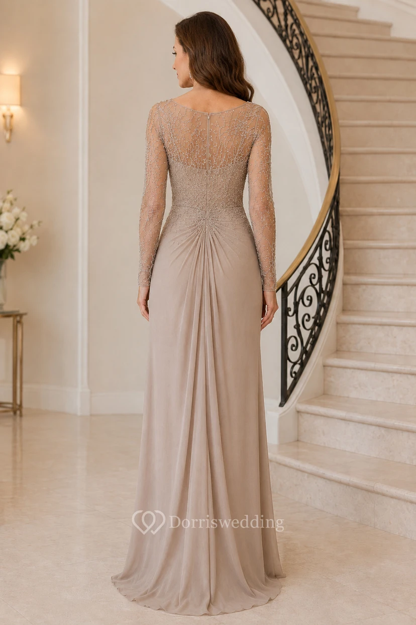 Robe fourreau en dentelle illusion champagne avec drapé latéral view 2
