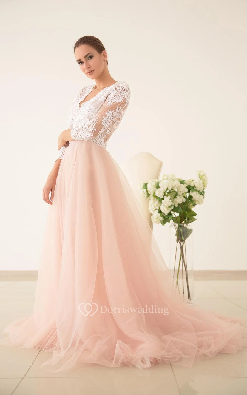 Robe de mariée en tulle rose, dentelle et tulle, robe de demoiselle d'honneur à manches longues view 3