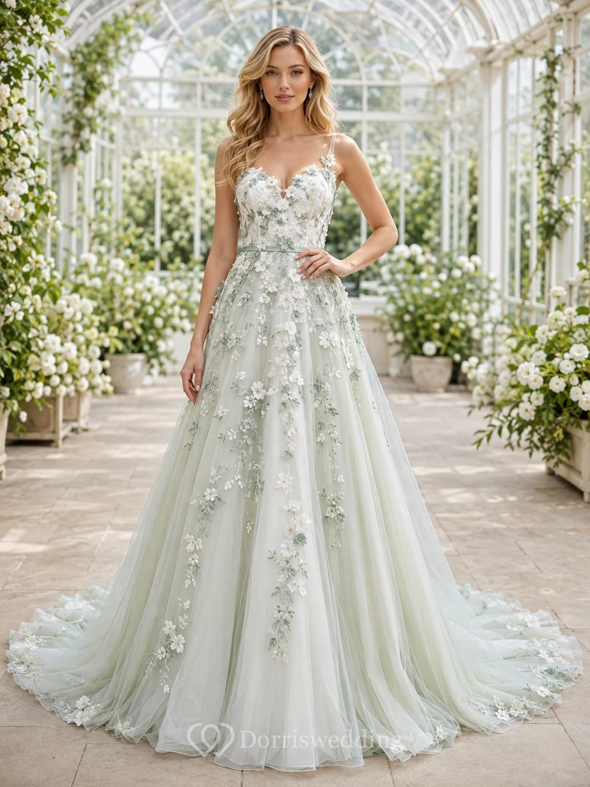 Celadon Bohemian Bridal A-Line V-neck Sleeveless Chapel Train Romantic Elegant Gown