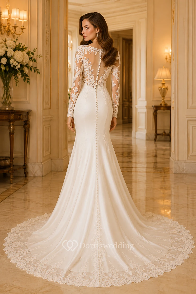 Meerjungfrauen-Hochzeitskleid aus Satin mit hohem Kragen, Spitzenärmeln und Kapellenschleppe view 2