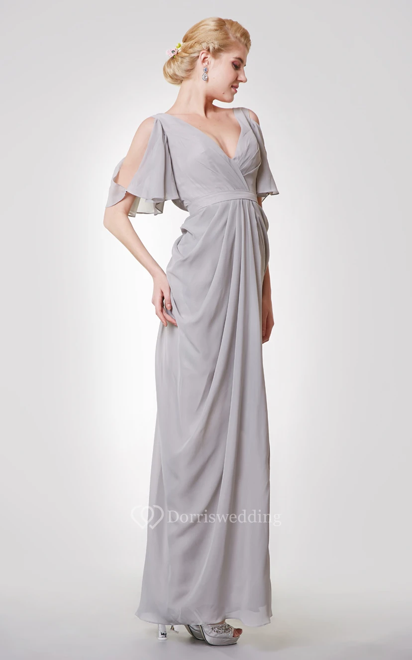 Einzigartiges langes Empire-Kleid mit tiefem V-Ausschnitt, schulterfrei und Trägern view 3