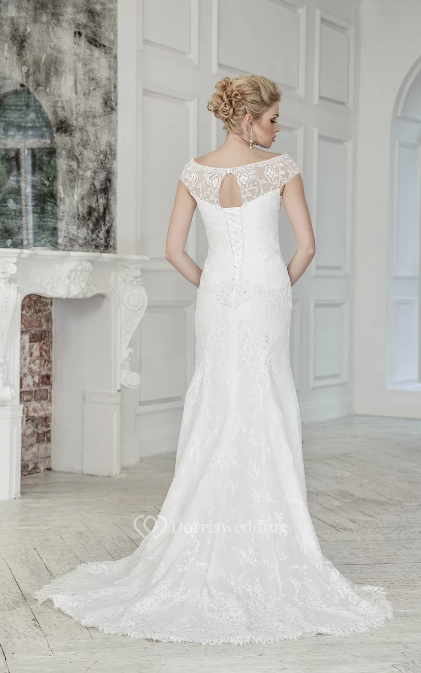 Sheath Long Scoop Cap-Sleeve Corset-Back Lace Dress With Beading view 3
