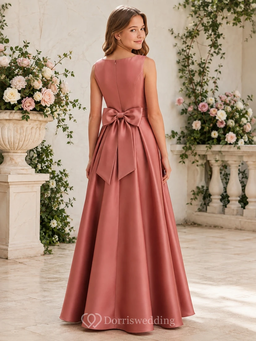 Altrosafarbenes Brautjungfernkleid, A-Linie, ärmellos, Satin, Schleife, romantisch view 2