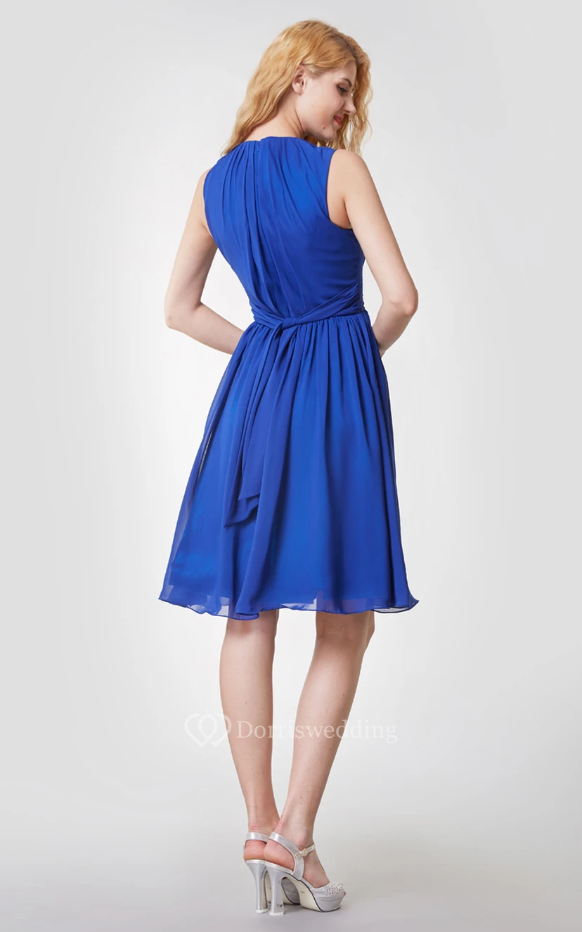 Elegant High Neck Pleated Short Chiffon Dress With Sash view 4