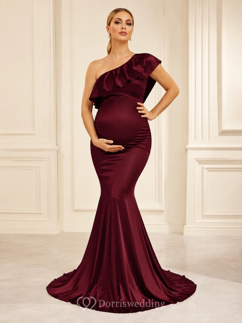Burgundy One-Shoulder Sleeveless Velvet Empire-Waist Maternity Mermaid Gown