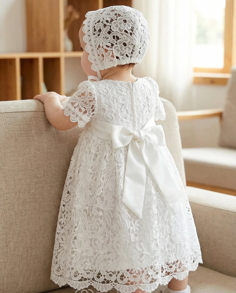 Vestido de niña de flores blanco de encaje para bautizo, manga corta, estilo vintage. view 2