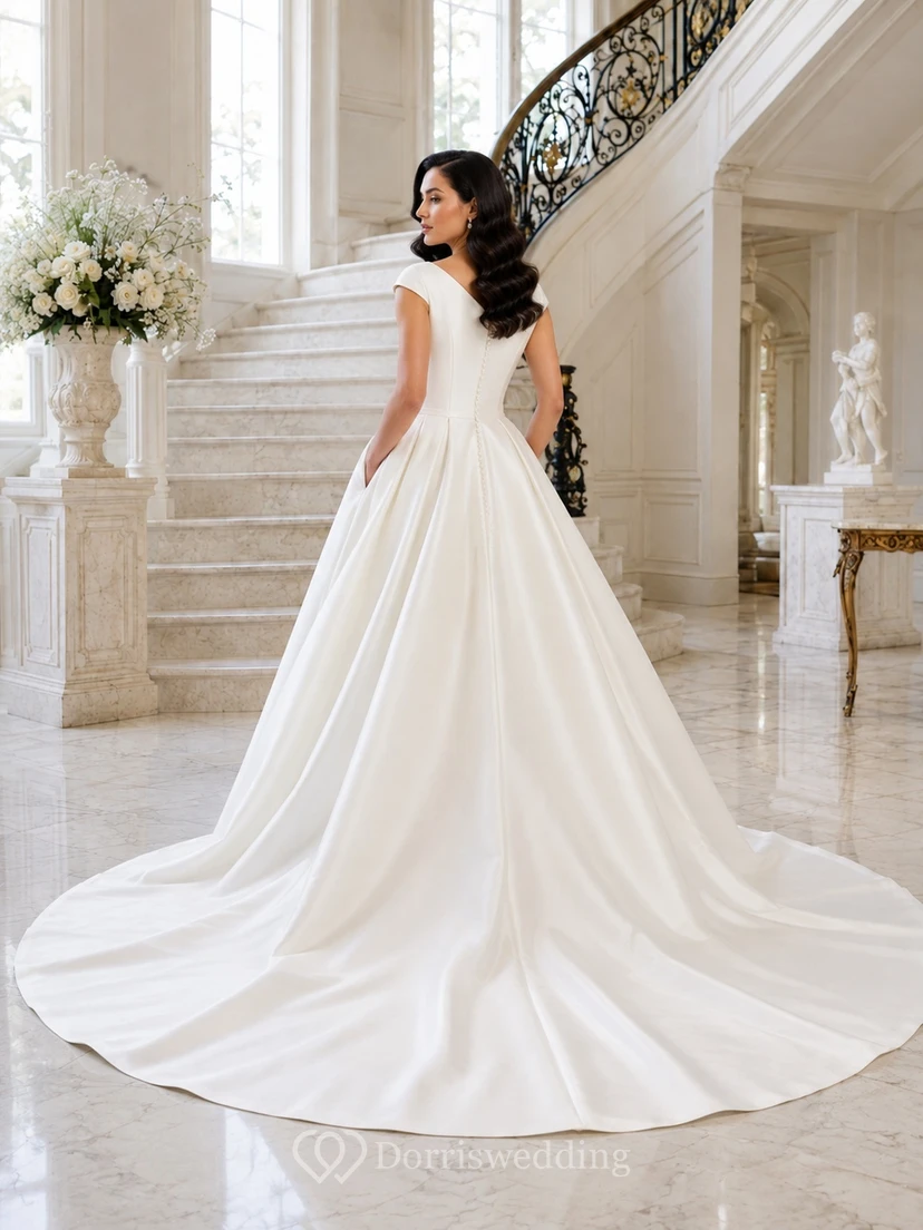 Simple Modest Bateau Cap Sleeve Satin Ball Gown Chapel Train Trouwjurken Wedding Dress view 2