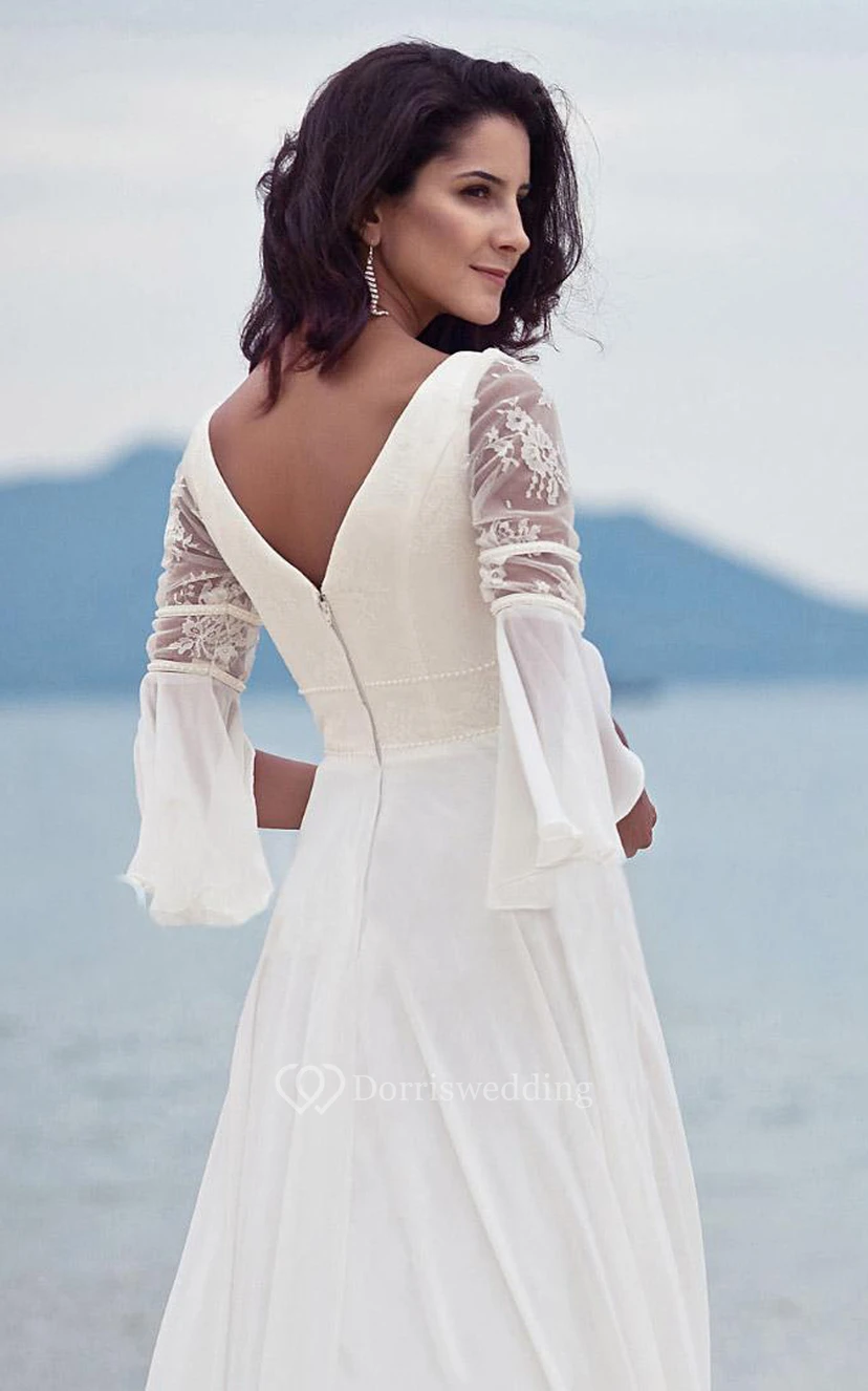 Schlichtes Brautkleid aus Chiffon mit V-Ausschnitt, A-Linie und bodenlangen, halben Ärmeln view 5