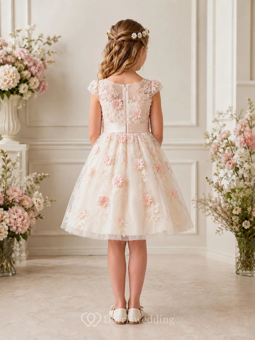 Tea Length Floral Princess Cap Sleeve Tulle A-Line Flowergirl Dress view 2
