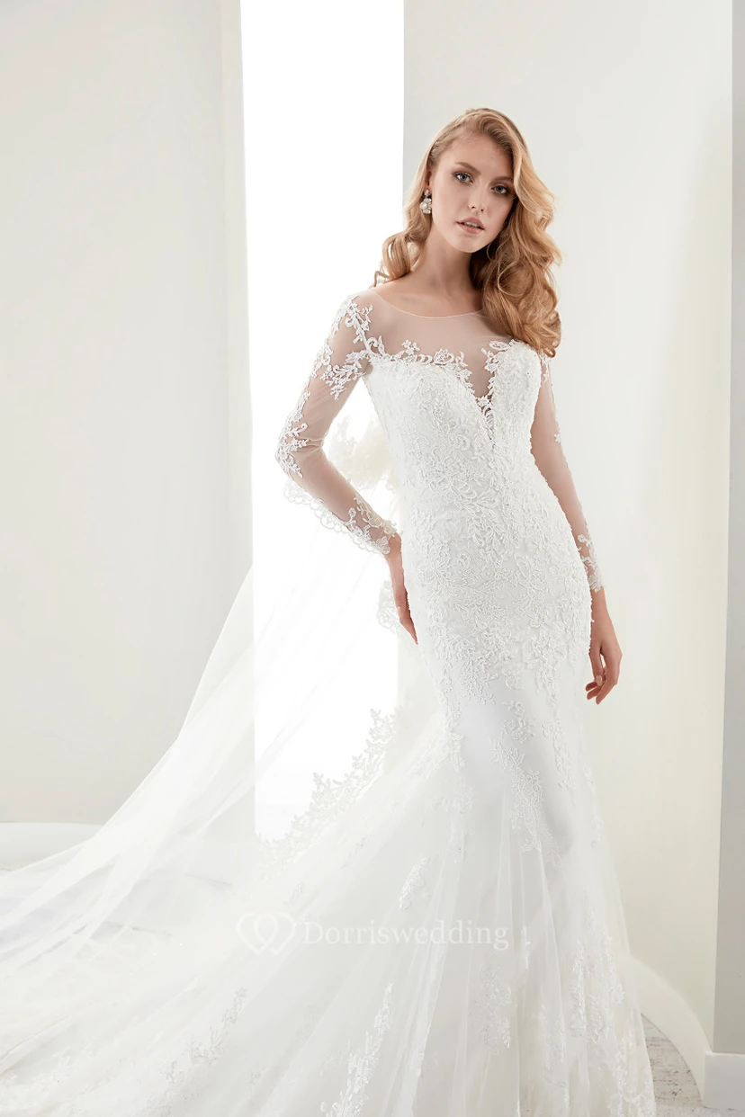 Illusion Long-Sleeve Jewel-Neck Sheath Lace Gown With Crush Train view 3